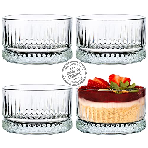 Crystalia Premium glazen dessertkommen set van 4, 235 ml 100% loodvrije glazen serveerkommen, glazen puddingkommen decoratieve snoepkommen, glazen dessertgerechten, ijscoupe ijskommen snackgerechten