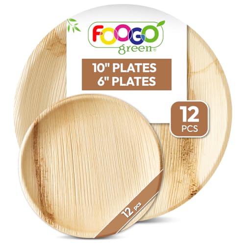 FOOGO Green 24 stuks wegwerp palmblad platen, 12x grote ronde platen, 12x kleine zijplaten, zoals wegwerp bamboe platen, sterke papieren platen, feest bruiloft platen, milieuvriendelijk biologisch