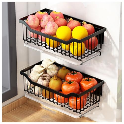 PIPOEI Fruit- en Groentemand, Muur Gehangen Fruit- en Groentebewaarmand, Muur Gehangen Fruitbewaarmand voor Uien en Groenten Black- 3 set,30CM