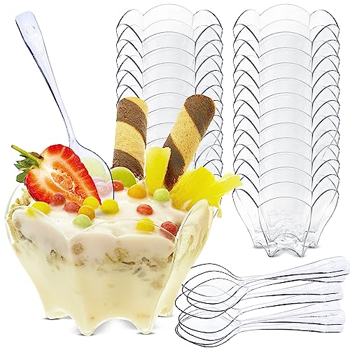 AllBags Set van 48 dessertkopjes, Desert glazen, dessertbekers met lepels, herbruikbare dessertglazen, plastic voor dessert, pudding, mousse, party, dessertkommen (90 ml)