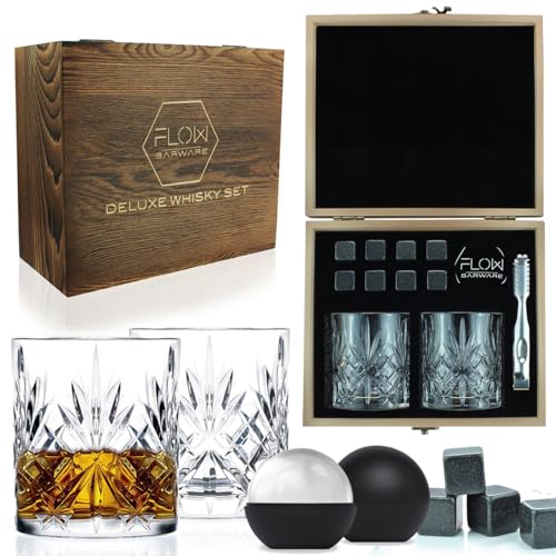 FLOW Barware Deluxe Crystal Whisky Glasses & Whiskey Stones Wooden Gift Box Set, Old Fashioned Whisky Glasses Set of 2 Tumblers & Stones for Scotch, Bourbon Gin & Tonic & Cocktails
