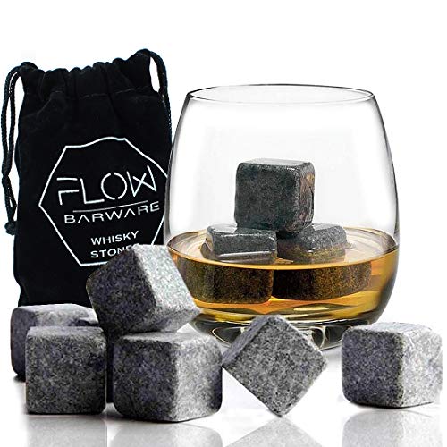 FLOW Barware 12 X Whiskey Stones Chilling Rocks Reusable Granite Ice Cube Stones Drinks Cooler Cubes for Whisky Scotch, Bourbon Whiskey Stones Gift Set by