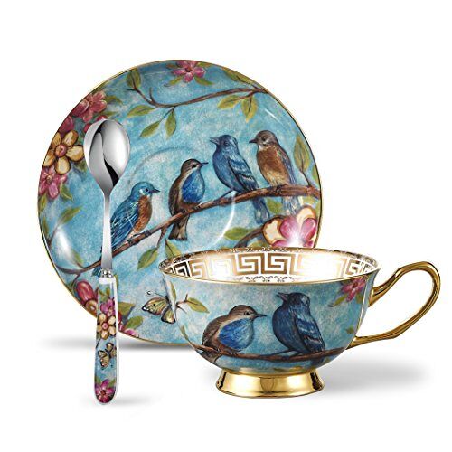 Panbado Kopjes en schotels sets met lepels, bloem en vogel blauw patroon bot China 3-delige set keramische thee koffie kop theekopjes porselein bloemen keramische mokken