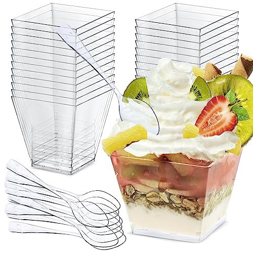 AllBags 50 stuks dessertkopjes woestijnglazen, set dessertbekers met lepels, herbruikbare dessertglazen, plastic, voor dessert, pudding, mousse, party, dessertkommen (200 ml)