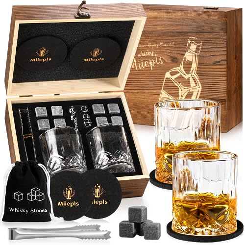 Royouzi Whisiskey, whiskyglazen, cadeauset, 8 whiskystenen en 2 gedraaide whiskyglazen en 2 onderzetters, cadeaus voor mannen