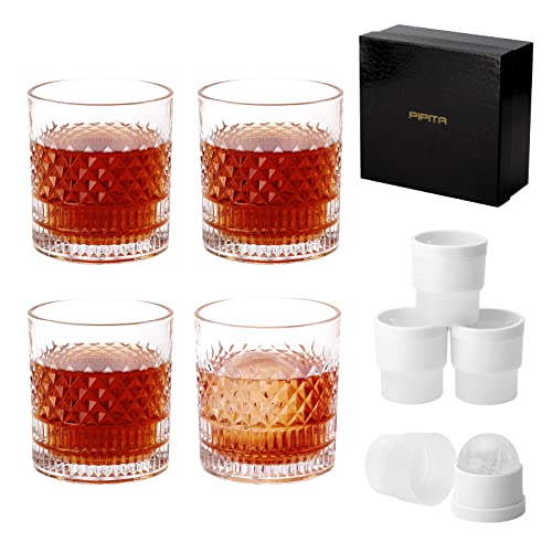 PIPITA Whiskyglazen set van 4 & 4 stuks ronde ijshockeyvorm, zonder lood kristal whiskyglas 335 ml voor Bourbon, tequila, cocktail, cognac, martini, unieke stijlvolle geschenkdoos (whiskyglazen set)