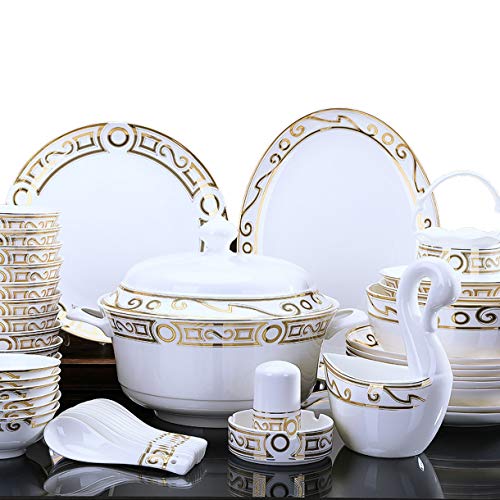 YhOuuA 60-delige serviesset porselein met afbeelding van goud met een serviesgoedset Europese serviesset met mok Servies voor 10 personen