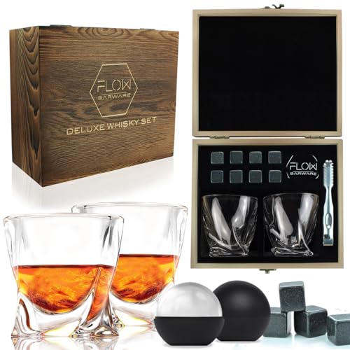 FLOW Barware Deluxe Twist Whisky Glasses & Whiskey Stones Gift Box Set By  Whiskey Glass Tumblers With Twisted Design For Scotch, Bourbon Gin & Tonic & Cocktails