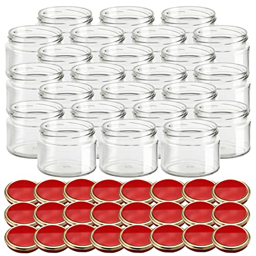 gouveo Set van 24 inmaakpotten, 300 ml, salsa met schroefdeksel, rood-goud, voorraadpotten met draaisluiting, TO82, jampotten, inmaakpotten, kruidenpotten, inmaakpotten