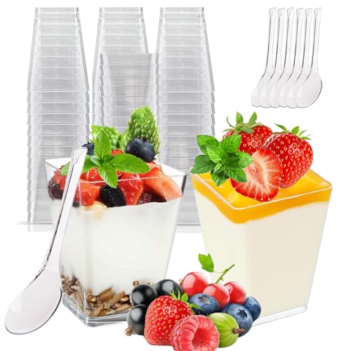 Dantolo 50 stuks dessertglazen plastic met lepels, 160 ml dessertbekers, heldere dessertkommen, herbruikbaar, vierkante dessertkopjes, trapezoïde beker voor thuis, desserts