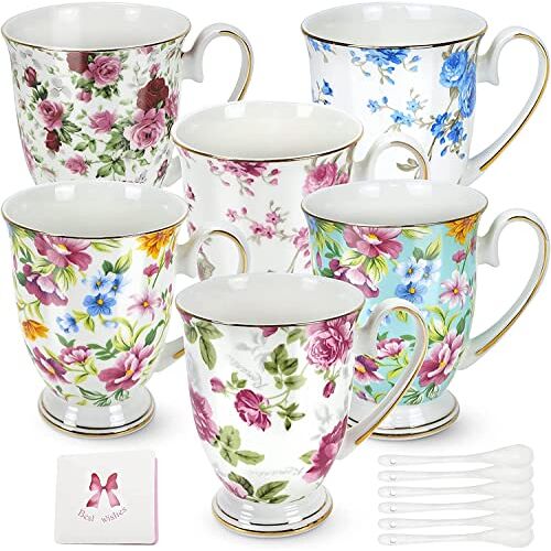 visucachi Bone China mokken, set van 6 stuks, botporselein klassieke ontbijtkopjes, Euro Style Art theekopjes, koffiekopjes, bloemenmokken, theekopjes, koffiekopjes