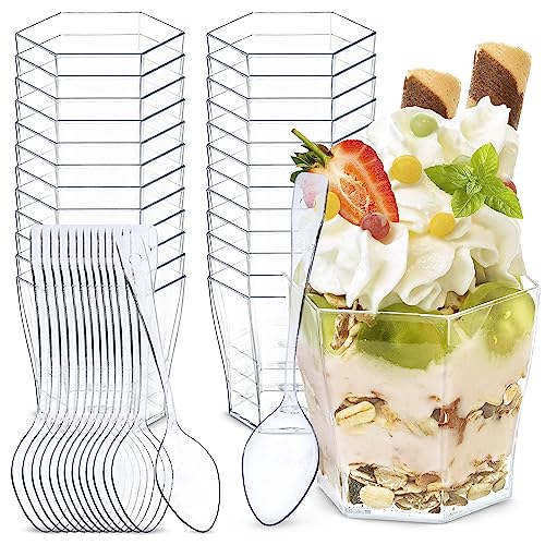 AllBags 48 stuks dessertkopjes woestijnglazen, set dessertbekers met lepels, herbruikbare dessertglazen, plastic, voor dessert, pudding, mousse, party, dessertkommen (60 ml)