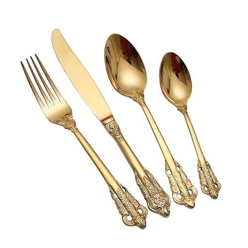 FIOLIRTL Bestek Sets 4 Stuks Roestvrij Staal Bestek Goud Titanium Plated Steak Bestek Spiegel Soep Lepel Thee Custard Goud