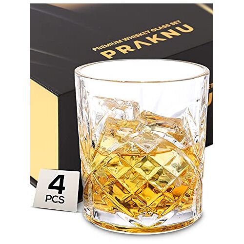 Praknu Whiskyglazen, set van 4 stuks, met geschenkdoos, elegant kristalglas, 300 ml, whiskyglas om cadeau te geven