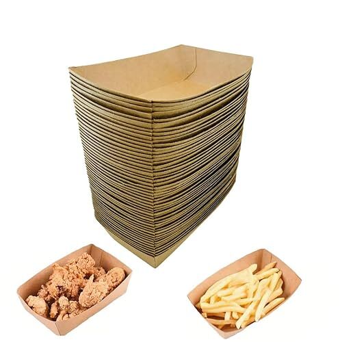 nuumee 50 stuks kleine bruine papieren kartonnen voedselbakken, gerecycleerde afhaaldozen wegwerpcontainers houder manden voor chips hamburger barbecue wateroliebestendig verjaardagsfeestje camping (12x6x3,5 cm)