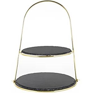 ECHTWERK etagère/serveerplank voor gebak, fruit, kaas en dessert met 2 niveaus van natuurlijke leisteen en beugelgreep, Gold-Edition, Ø leisteenplaten ca. 25/30 cm ECHTWERK etagère/serveerplank voor gebak, fruit, kaas en dessert met 2 niveaus van natuurlijke leisteen en beugelgreep, Gold-Edition, Ø leisteenplaten ca. 25/30 cm