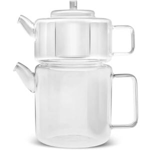 KARACA Platte theepot van borosilicaatglas, 1,1 l boven/1,8 l bodem, hittebestendig, vaatwasmachinebestendig KARACA Platte theepot van borosilicaatglas, 1,1 l boven/1,8 l bodem, hittebestendig, vaatwasmachinebestendig