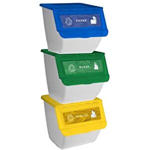 DRW Set van 3 stapelbare recycling-vuilnisemmers van glas, papier, kunststof, 36 liter, 39 x 39 x 36 cm DRW Set van 3 stapelbare recycling-vuilnisemmers van glas, papier, kunststof, 36 liter, 39 x 39 x 36 cm