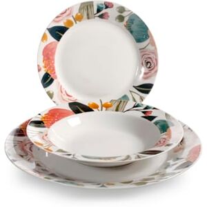 H&H Peony Tafelservies, 18-delig, van versierd porselein, platte borden en fruitborden, vaatwasmachinebestendig, magnetronbestendig, elegantie en stijl voor de tafel H&H Peony Tafelservies, 18-delig, van versierd porselein, platte borden en fruitborden, vaatwasmachinebestendig, magnetronbestendig, elegantie en stijl voor de tafel