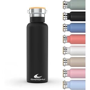 DAIKOKU fles, dubbelwandige roestvrijstalen thermosfles, thermosfles die dranken urenlang warm of koud houdt, twee doppen, zwart, 1 L DAIKOKU fles, dubbelwandige roestvrijstalen thermosfles, thermosfles die dranken urenlang warm of koud houdt, twee doppen, zwart, 1 L