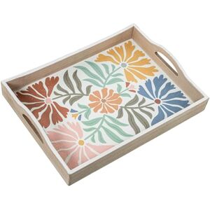 DRW Houten dienblad met bloemen in geel, roze en blauw, 40 x 30 x 7 cm DRW Houten dienblad met bloemen in geel, roze en blauw, 40 x 30 x 7 cm