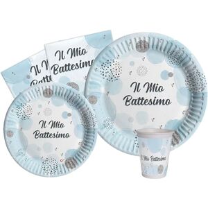 Ciao Tableware Party Pack Battesimo for 8 people (44 pcs: 8 plates Ø23cm, 8 plates Ø18cm, 8 cups 250ml, 20 napkins 33x33cm) in eco-friendly compostable paper, baby blue Ciao Tableware Party Pack Battesimo for 8 people (44 pcs: 8 plates Ø23cm, 8 plates Ø18cm, 8 cups 250ml, 20 napkins 33x33cm) in eco-friendly compostable paper, baby blue