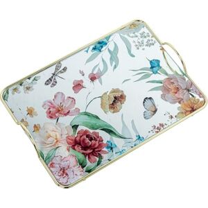 DRW Rechthoekig dienblad met handgrepen van glas en metaal met bloemen in natuurlijke tinten, 35 x 20 x 5 cm DRW Rechthoekig dienblad met handgrepen van glas en metaal met bloemen in natuurlijke tinten, 35 x 20 x 5 cm