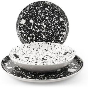 H&H , Tafelservies Noir, 18-delige set, borden met zwart-wit spuitdesign, aardewerk, vaatwasmachinebestendig H&H , Tafelservies Noir, 18-delige set, borden met zwart-wit spuitdesign, aardewerk, vaatwasmachinebestendig