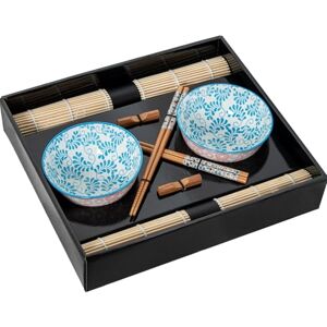 DRW Sushi-set met 2 kommen met eetstokjes en onderzetters van porselein en hout in blauw, wit en natuur, 12 x 12 x 6 cm DRW Sushi-set met 2 kommen met eetstokjes en onderzetters van porselein en hout in blauw, wit en natuur, 12 x 12 x 6 cm