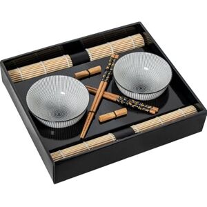 DRW Sushi-set met 2 kommen met eetstokjes en onderzetters van porselein en hout in zwart, wit en natuur, 12 x 12 x 6 cm DRW Sushi-set met 2 kommen met eetstokjes en onderzetters van porselein en hout in zwart, wit en natuur, 12 x 12 x 6 cm