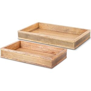 DRW Set van 2 rechthoekige dienbladen van hout en metaal, natuur en goud, 38 x 23 x 5 cm en 30 x 20 x 5 cm DRW Set van 2 rechthoekige dienbladen van hout en metaal, natuur en goud, 38 x 23 x 5 cm en 30 x 20 x 5 cm