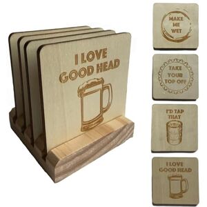Coastville Houten onderzetters met bierthema met houder Set van 4 verschillende grappige onderzetters met lasergegraveerde ontwerpen Unieke rustieke moderne bardecoratie en accessoires voor mannengrot voor Coastville Houten onderzetters met bierthema met houder Set van 4 verschillende grappige onderzetters met lasergegraveerde ontwerpen Unieke rustieke moderne bardecoratie en accessoires voor mannengrot voor