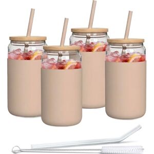 Aquafloow Glas met rietje en deksel 500 ml Herbruikbare bekers Siliconen hoes Set glazen 2 rietjes 1 reinigingsstaafje Voor smoothies, koffie, cocktails 4 stuks Beige Aquafloow Glas met rietje en deksel 500 ml Herbruikbare bekers Siliconen hoes Set glazen 2 rietjes 1 reinigingsstaafje Voor smoothies, koffie, cocktails 4 stuks Beige
