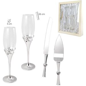 DRW Set van champagneglazen, messen en taartschep voor bruiloften in een glas, 26 cm hoog DRW Set van champagneglazen, messen en taartschep voor bruiloften in een glas, 26 cm hoog