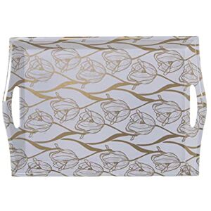 DRW Rechthoekig dienblad van melamine met handgrepen en bloemen in goud en wit, 4 x 25 x 35 cm DRW Rechthoekig dienblad van melamine met handgrepen en bloemen in goud en wit, 4 x 25 x 35 cm