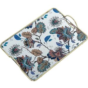 DRW Rechthoekig dienblad met handgrepen van glas en metaal met blauwe en bruine bladeren, 35 x 20 x 5 cm DRW Rechthoekig dienblad met handgrepen van glas en metaal met blauwe en bruine bladeren, 35 x 20 x 5 cm