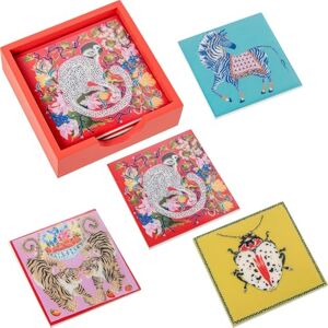 DRW Set van 4 onderzetters met houten standaard in blauw, geel, roze en rood, 12 x 12 x 4 cm DRW Set van 4 onderzetters met houten standaard in blauw, geel, roze en rood, 12 x 12 x 4 cm