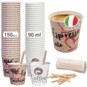 Caffetti 150 koffiemokken, 3 oz + 150 roerstaafjes, 90 ml van papier, Made in Italy, wegwerpschepen van berkenhout, recyclebaar, voor restaurants, kantoor, sport, bar, espresso Caffetti 150 koffiemokken, 3 oz + 150 roerstaafjes, 90 ml van papier, Made in Italy, wegwerpschepen van berkenhout, recyclebaar, voor restaurants, kantoor, sport, bar, espresso