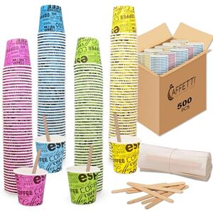 Caffetti Set van 500 koffiebekers + 500 roerstaafjes, 75 ml, gekleurd papier en herbruikbare wegwerpschoppen, voor restaurants, kantoor, sport, bar, espresso Caffetti Set van 500 koffiebekers + 500 roerstaafjes, 75 ml, gekleurd papier en herbruikbare wegwerpschoppen, voor restaurants, kantoor, sport, bar, espresso