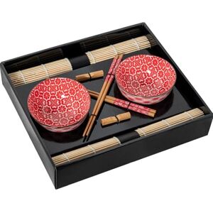 DRW Sushi-set met 2 kommen met eetstokjes en onderzetters van porselein en hout in rood en natuur, 12 x 12 x 6 cm DRW Sushi-set met 2 kommen met eetstokjes en onderzetters van porselein en hout in rood en natuur, 12 x 12 x 6 cm