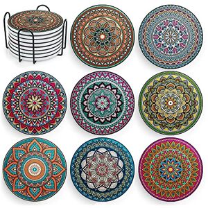 Decopom Mandala Onderzetters met houder 8 set keramische Boho onderzetters voor dranken absorberend met kurkbasis en zwarte houder onderzetters voor salontafel, appartement, houten bar, mokken glazen Decopom Mandala Onderzetters met houder 8 set keramische Boho onderzetters voor dranken absorberend met kurkbasis en zwarte houder onderzetters voor salontafel, appartement, houten bar, mokken glazen