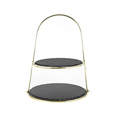 ECHTWERK etagère/serveerplank voor gebak, fruit, kaas en dessert met 2 niveaus van natuurlijke leisteen en beugelgreep, Gold-Edition, Ø leisteenplaten ca. 25/30 cm ECHTWERK etagère/serveerplank voor gebak, fruit, kaas en dessert met 2 niveaus van natuurlijke leisteen en beugelgreep, Gold-Edition, Ø leisteenplaten ca. 25/30 cm