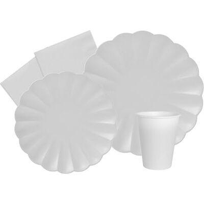 Ciao Party Tableware Set Flower Shape for 24 people (112 pcs: 24 plates Ø23cm, 24 plates Ø18cm, 24 cups 200ml, 40 napkins 33x33cm) in eco-friendly compostable paper, white Ciao Party Tableware Set Flower Shape for 24 people (112 pcs: 24 plates Ø23cm, 24 plates Ø18cm, 24 cups 200ml, 40 napkins 33x33cm) in eco-friendly compostable paper, white
