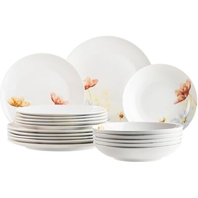 MÄSER 934498 serie Amapola, bordenset voor 6 personen, 18-delige serviesset met platte borden, soepborden, dessertborden, bloemen met bloemenpatroon, porselein, wit MÄSER 934498 serie Amapola, bordenset voor 6 personen, 18-delige serviesset met platte borden, soepborden, dessertborden, bloemen met bloemenpatroon, porselein, wit