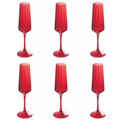 Tivoli Set van 6 champagneglazen 250 ml glas verticaal gestreept rood Optic Tivoli Set van 6 champagneglazen 250 ml glas verticaal gestreept rood Optic