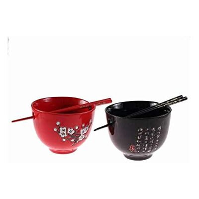 lachineuse Duo grote kommen en 2 paar eetstokjes 13 cm rood en zwart kersenbloesemdecoratie rijst, ontbijt en soepkommen Japans Aziatisch servies cadeau lachineuse Duo grote kommen en 2 paar eetstokjes 13 cm rood en zwart kersenbloesemdecoratie rijst, ontbijt en soepkommen Japans Aziatisch servies cadeau