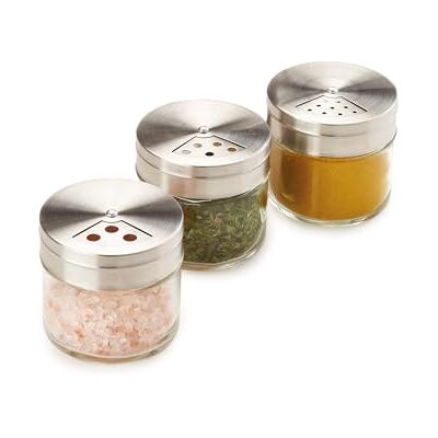 Metaltex Kruidenpotjes, 3-delige set, platte kruidenstrooier, 100 ml, glas Metaltex Kruidenpotjes, 3-delige set, platte kruidenstrooier, 100 ml, glas