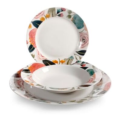 H&H Peony Tafelservies, 18-delig, van versierd porselein, platte borden en fruitborden, vaatwasmachinebestendig, magnetronbestendig, elegantie en stijl voor de tafel H&H Peony Tafelservies, 18-delig, van versierd porselein, platte borden en fruitborden, vaatwasmachinebestendig, magnetronbestendig, elegantie en stijl voor de tafel