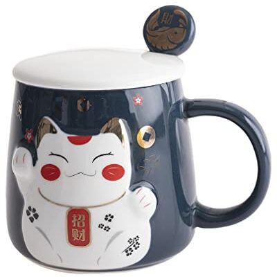 lachineuse Mok met reliëf – decoratie kat Maneki Neko – blauwe tint lachineuse Mok met reliëf – decoratie kat Maneki Neko – blauwe tint