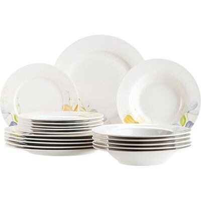 MÄSER 934497 Serie Zibal, bordenset voor 6 personen, 18-delige serviesset met platte borden, soepborden, dessertborden, bloemenpatroon, porselein, wit MÄSER 934497 Serie Zibal, bordenset voor 6 personen, 18-delige serviesset met platte borden, soepborden, dessertborden, bloemenpatroon, porselein, wit